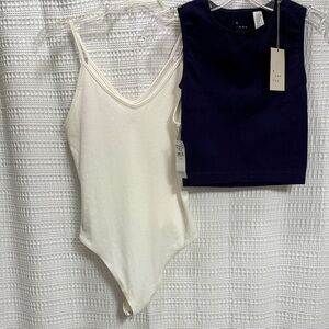 Bundle NEW Cream Thong Bodysuit and Dark Purple crop Top Set SZ M ribbed basics